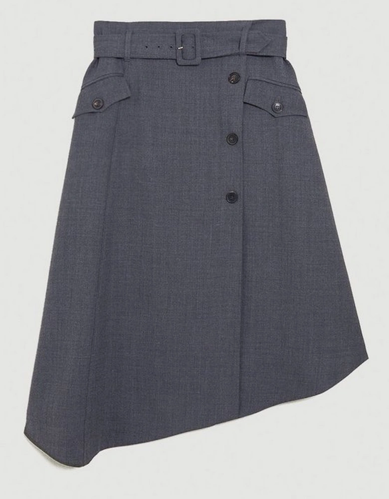 Premium Wool Flannel Belted Asymmetric Midi Skirt