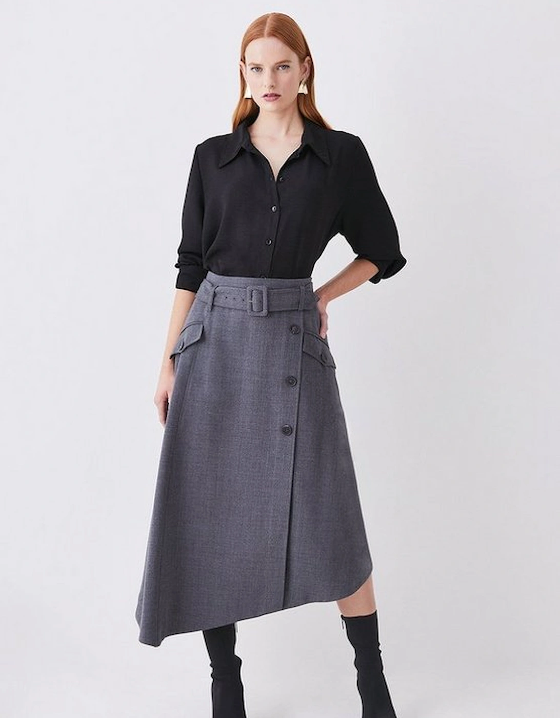 Premium Wool Flannel Belted Asymmetric Midi Skirt, 5 of 4