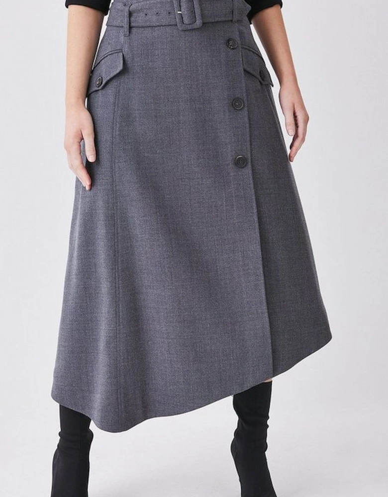 Premium Wool Flannel Belted Asymmetric Midi Skirt