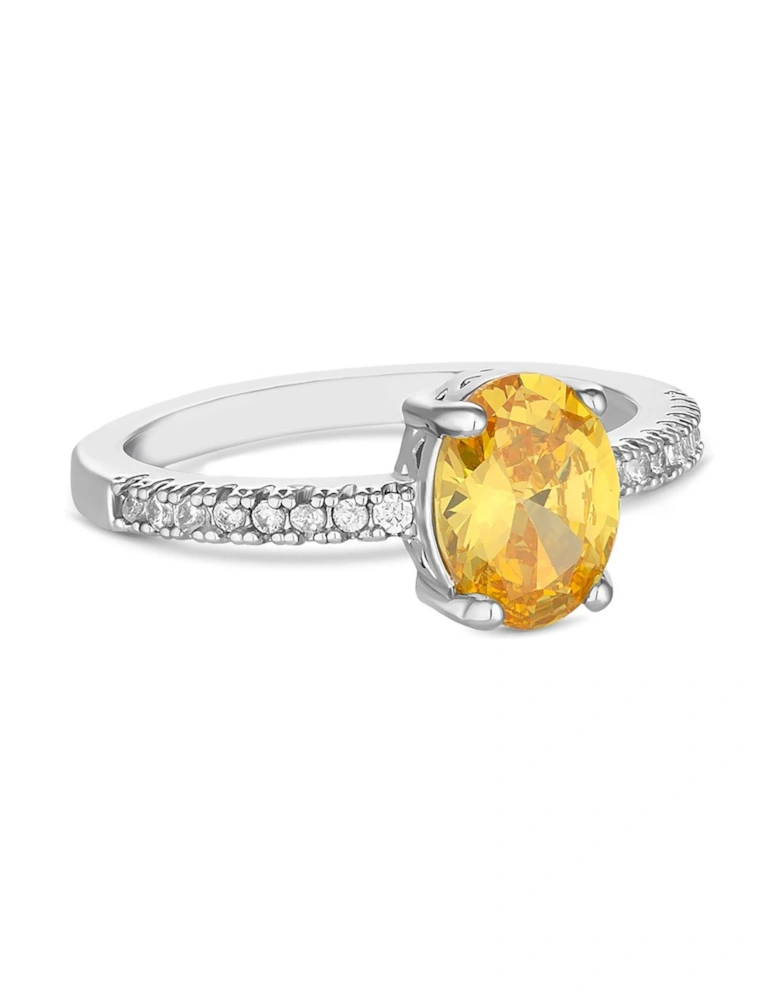 Rhodium Plated Oval Yellow Cubic Zirconia Ring