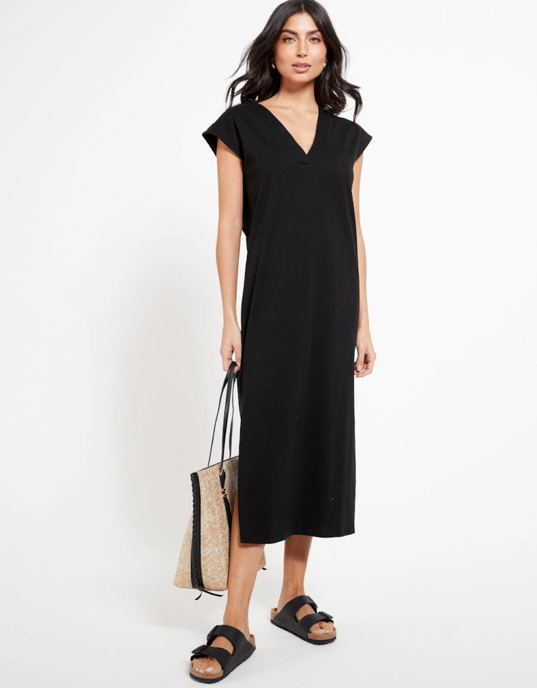 V Neck Slouchy Midi Beach Dress - Black