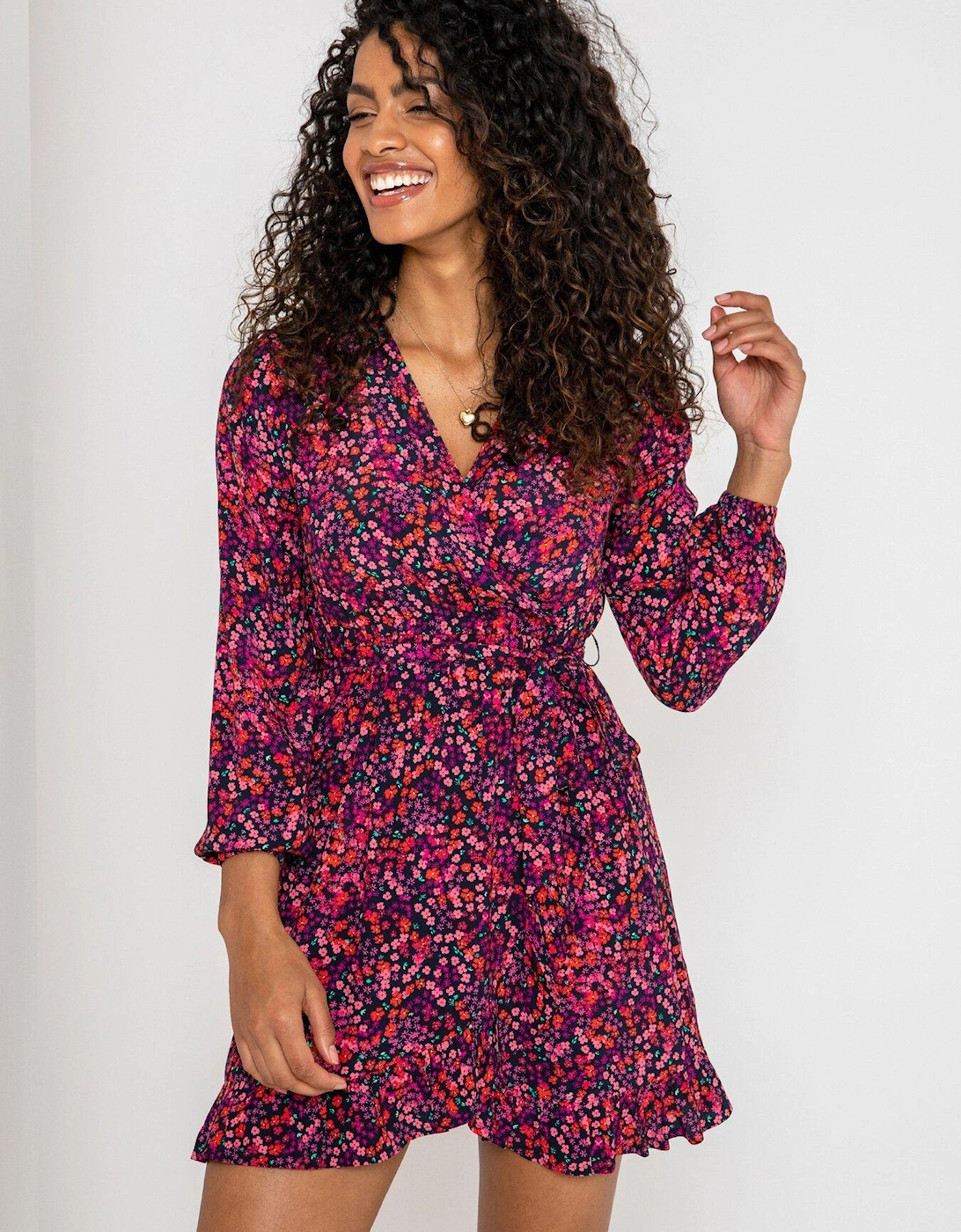 Kelly Woven Balloon Sleeve Frill Wrap Dress - Floral, 2 of 1