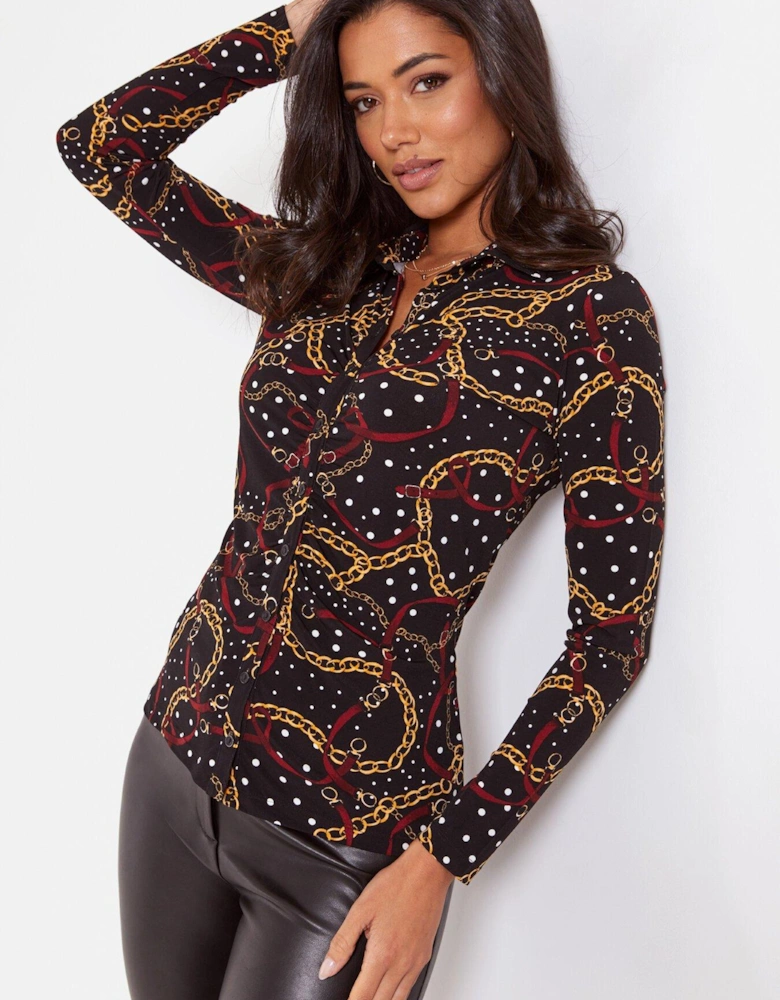 Brooke Jersey Ruched Front Shirt - Black/Multi