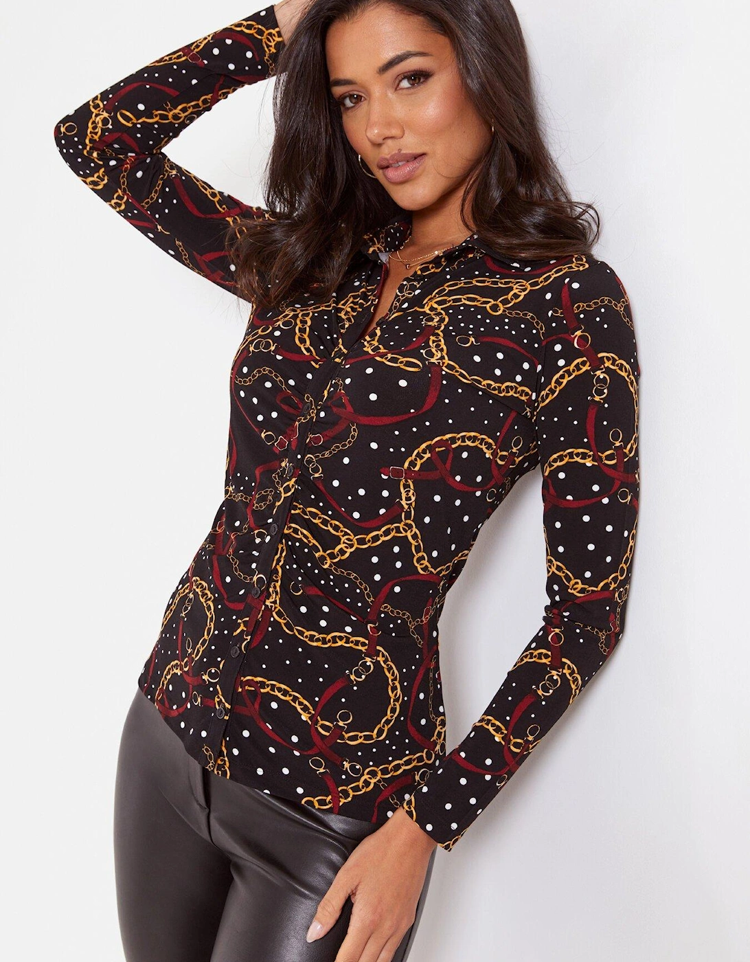 Brooke Jersey Ruched Front Shirt - Black/Multi, 2 of 1