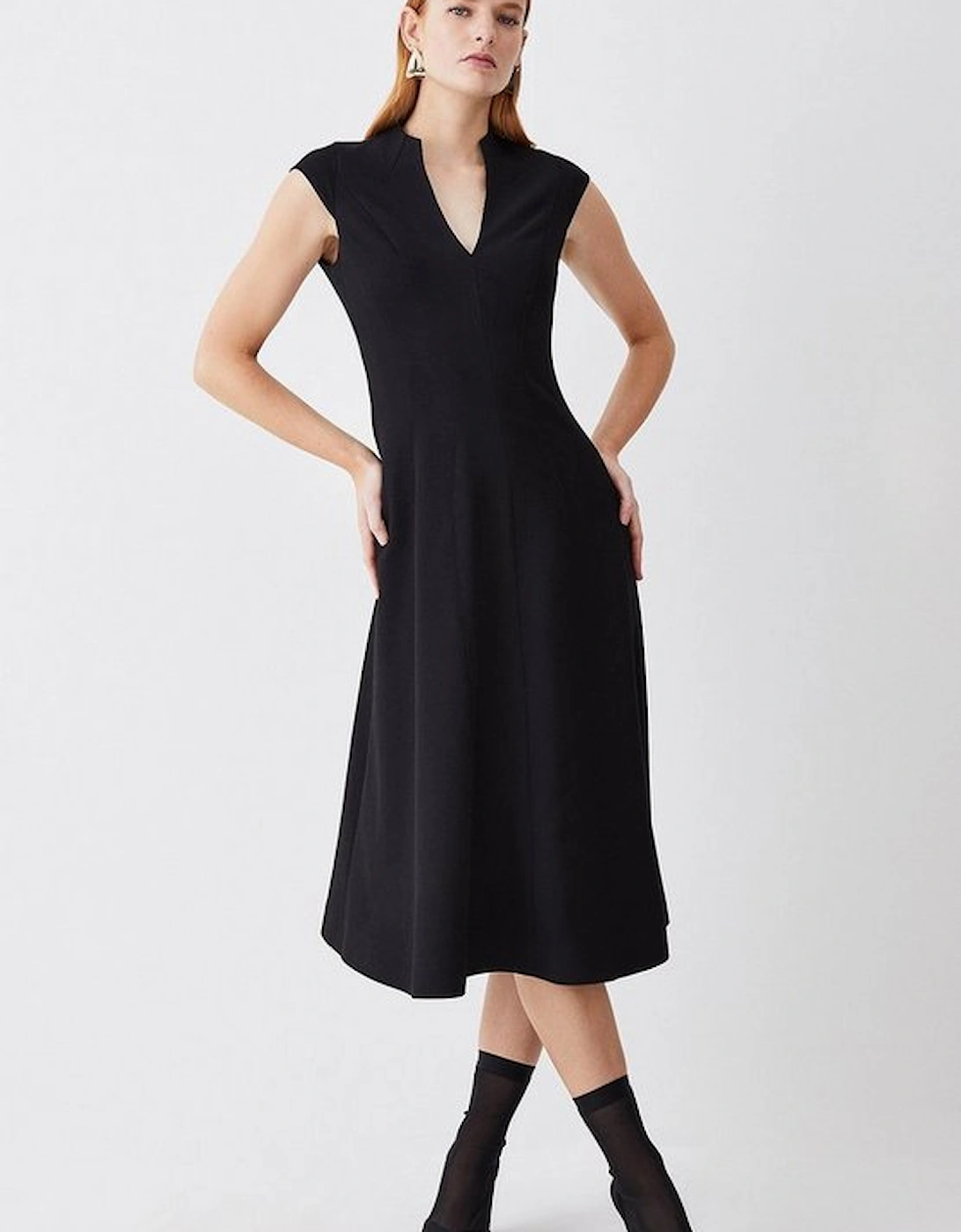 Tall Structured Crepe Seam Detail Full Skirt Midi Dress, 5 of 4
