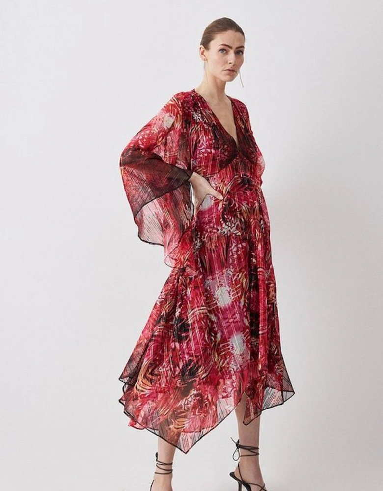 Mirrored Placed Floral Leather Trim Kimono Woven Midi Dress