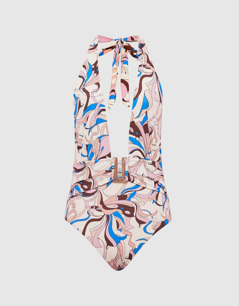 Plunge Neck Abstract Print Swimsuit