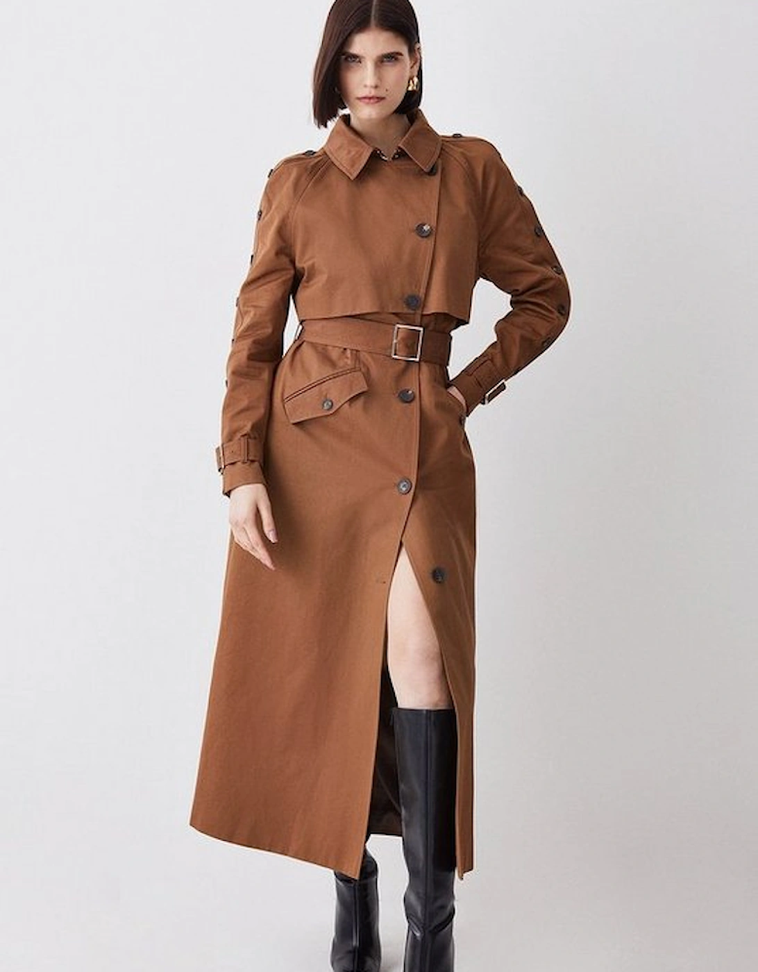 Button Detail Belted Maxi Trench Coat
