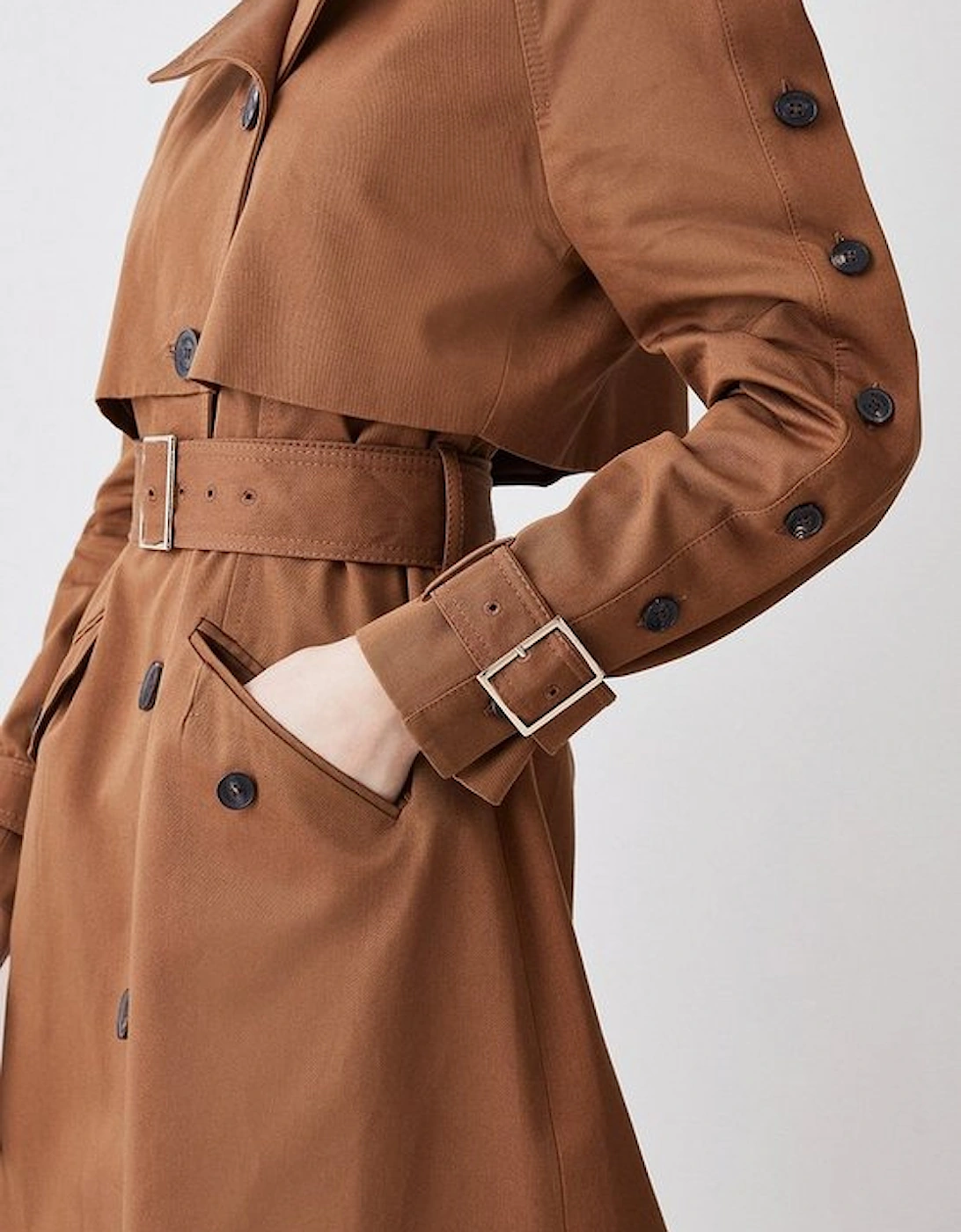 Button Detail Belted Maxi Trench Coat