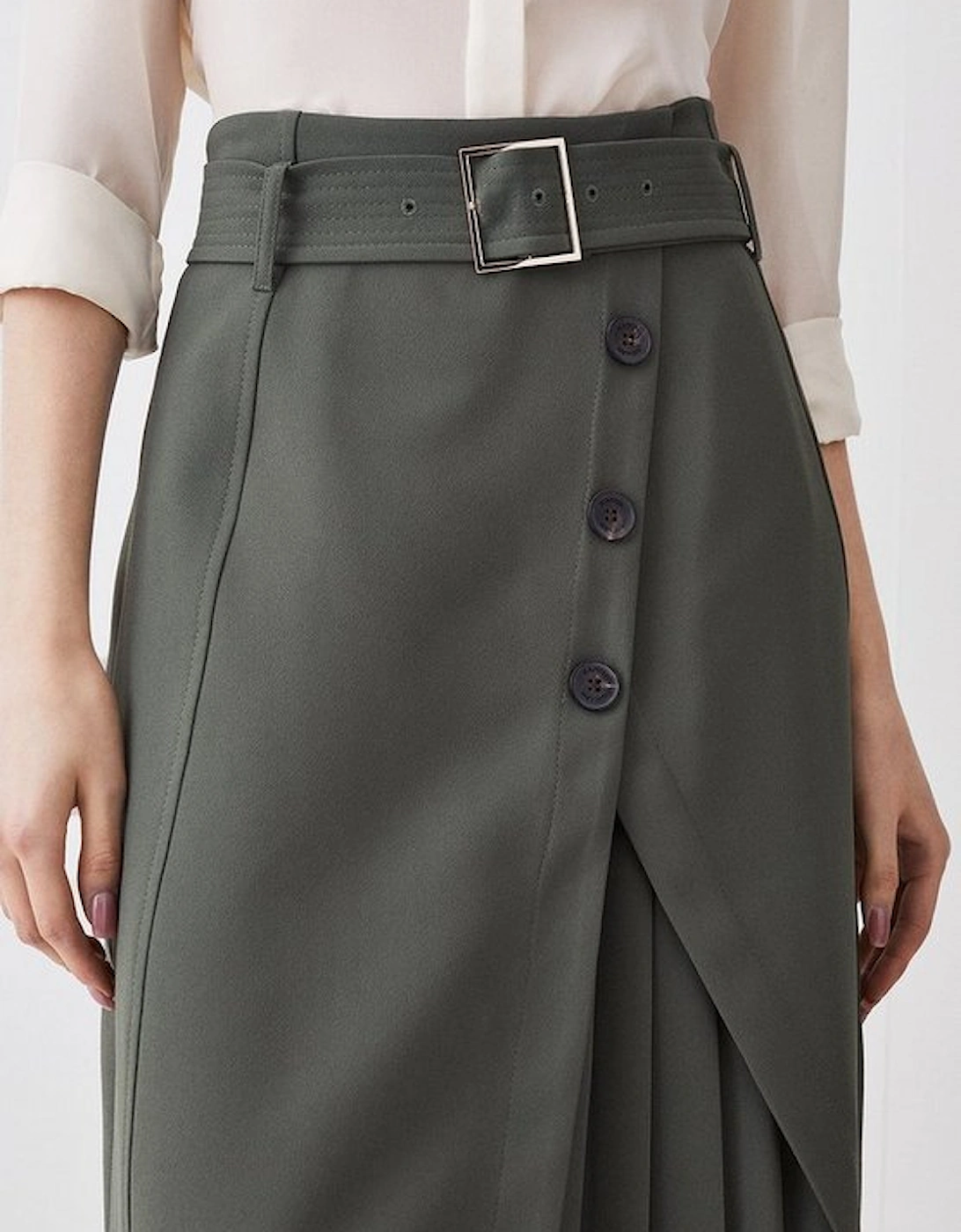 Belted Wrap Pleat Detail Midi Skirt