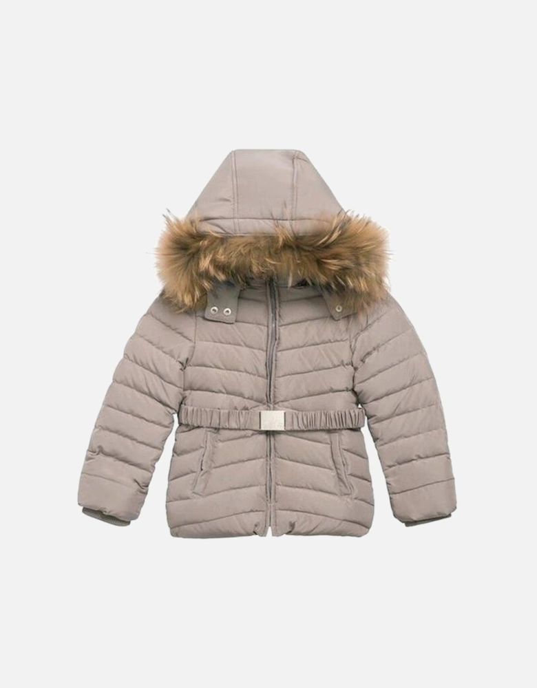 Girls Taupe Coat With Fur Hood