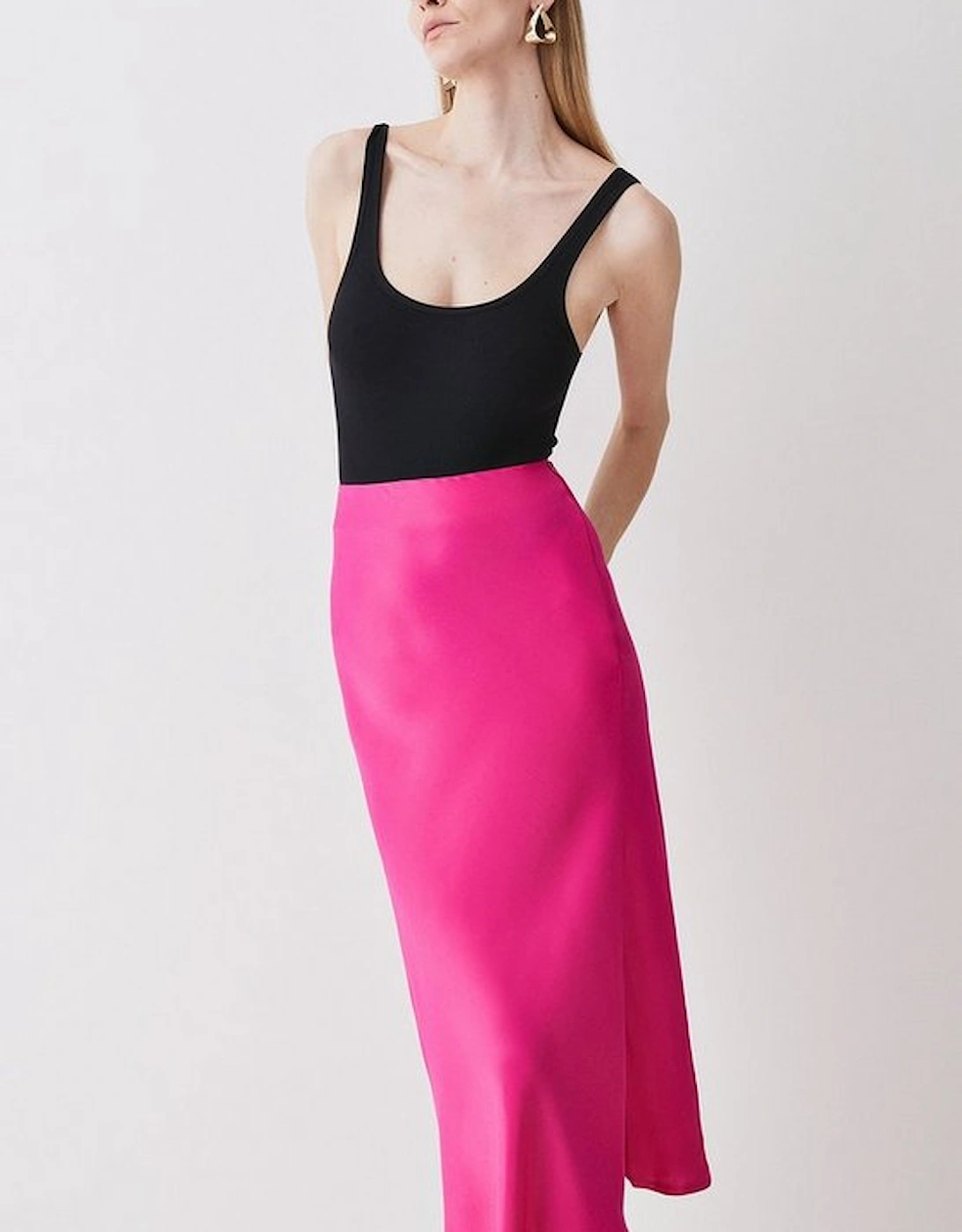 Satin Asymmetric Slip Midi Skirt