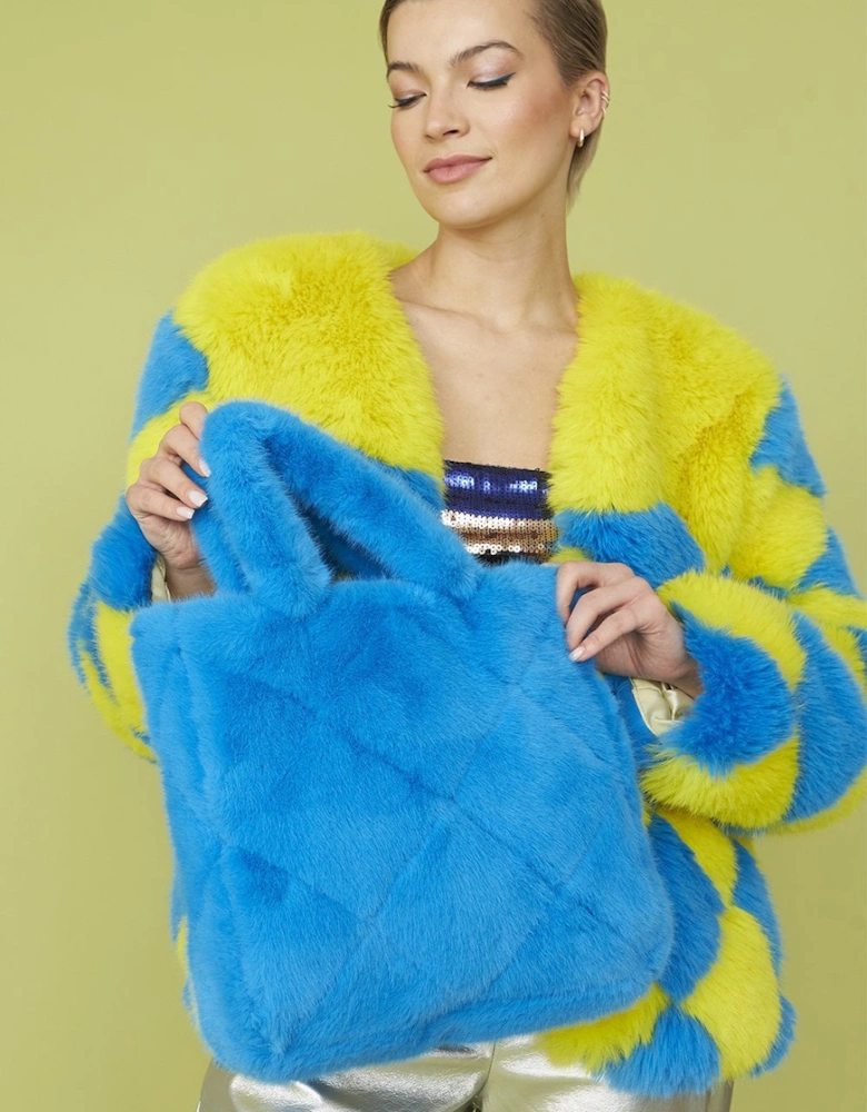 Blue Faux Fur Diamond Stitch Tote Bag