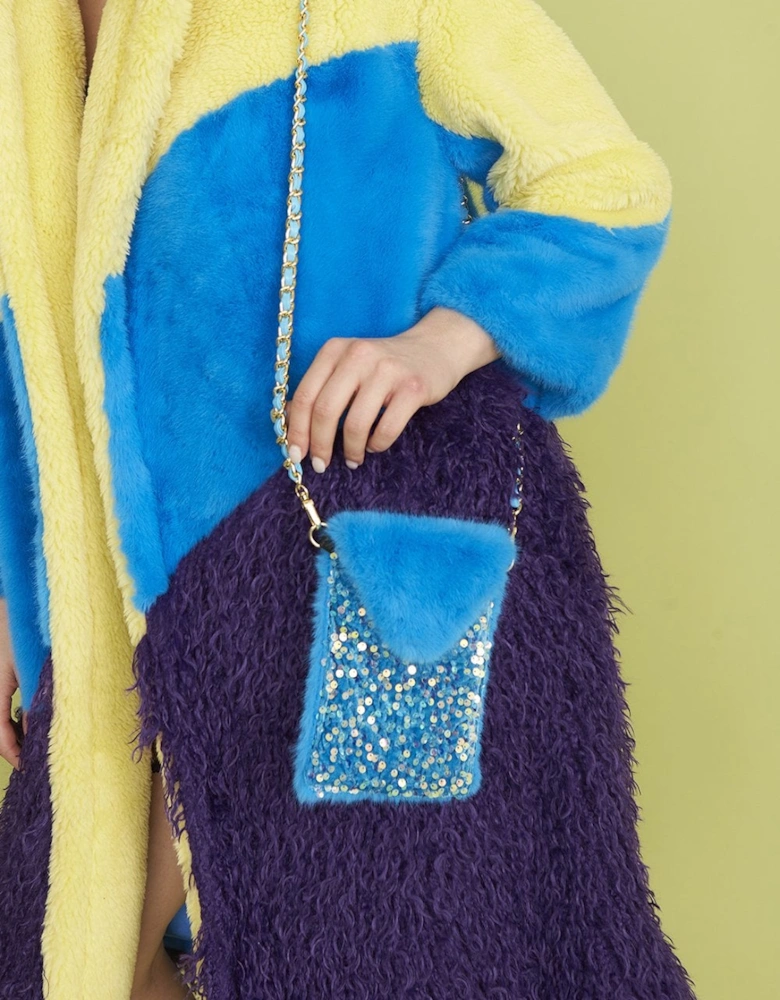 Light Blue Sequin and Faux Fur Phone Holder