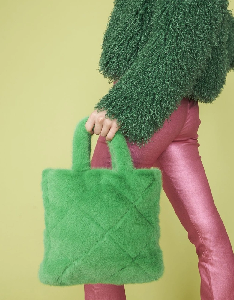 Green Faux Fur Diamond Stitch Tote Bag