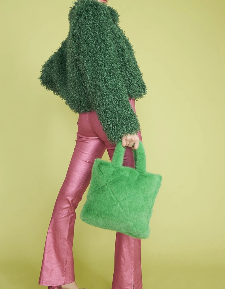 Green Faux Fur Diamond Stitch Tote Bag