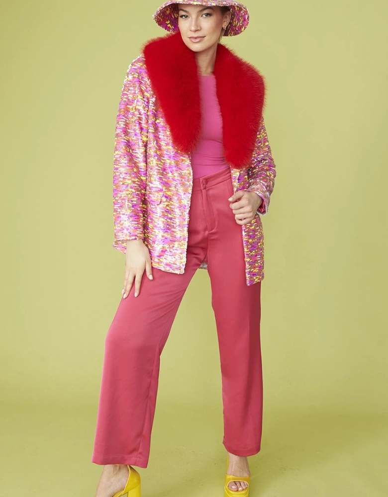 Sequin Mulit-Coloured Blazer with Red Faux Fur Collar
