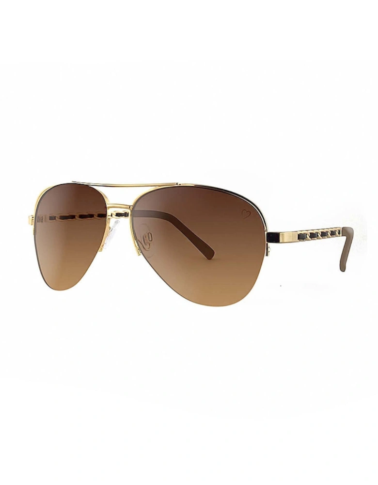 Metal 'New York' Aviator Sunglasses With Fabric Braid Detail Temple in Gold