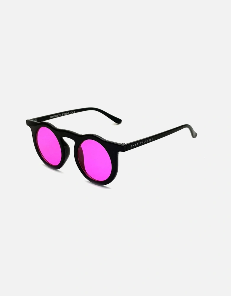 'Haymaker' Round Sunglasses Black With Pink Lens