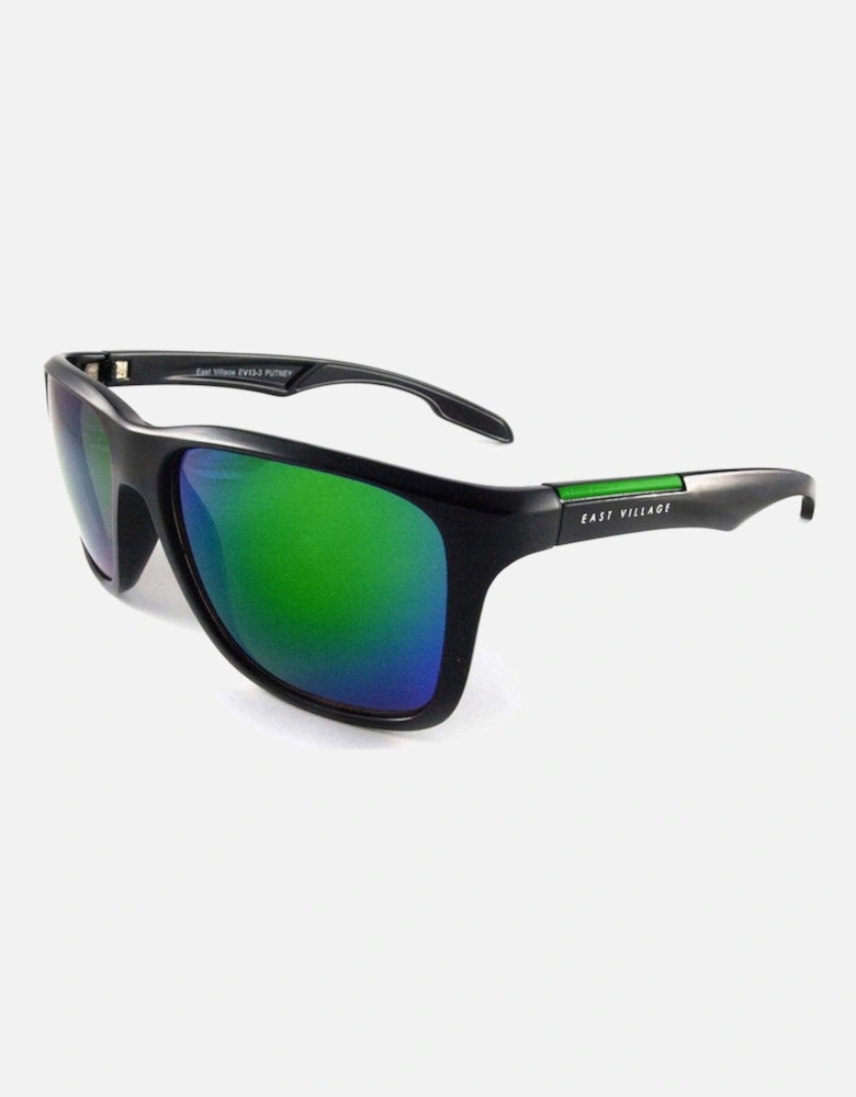 Sporty 'Putney' Square Black Sunglasses with Green Revo Lens