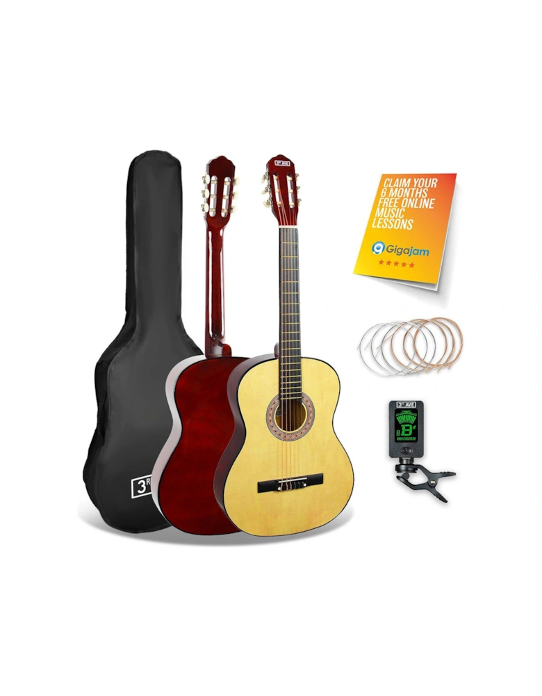 Full Size 4/4 Classical Guitar Beginner Bundle - 6 Months FREE Lessons - Natural