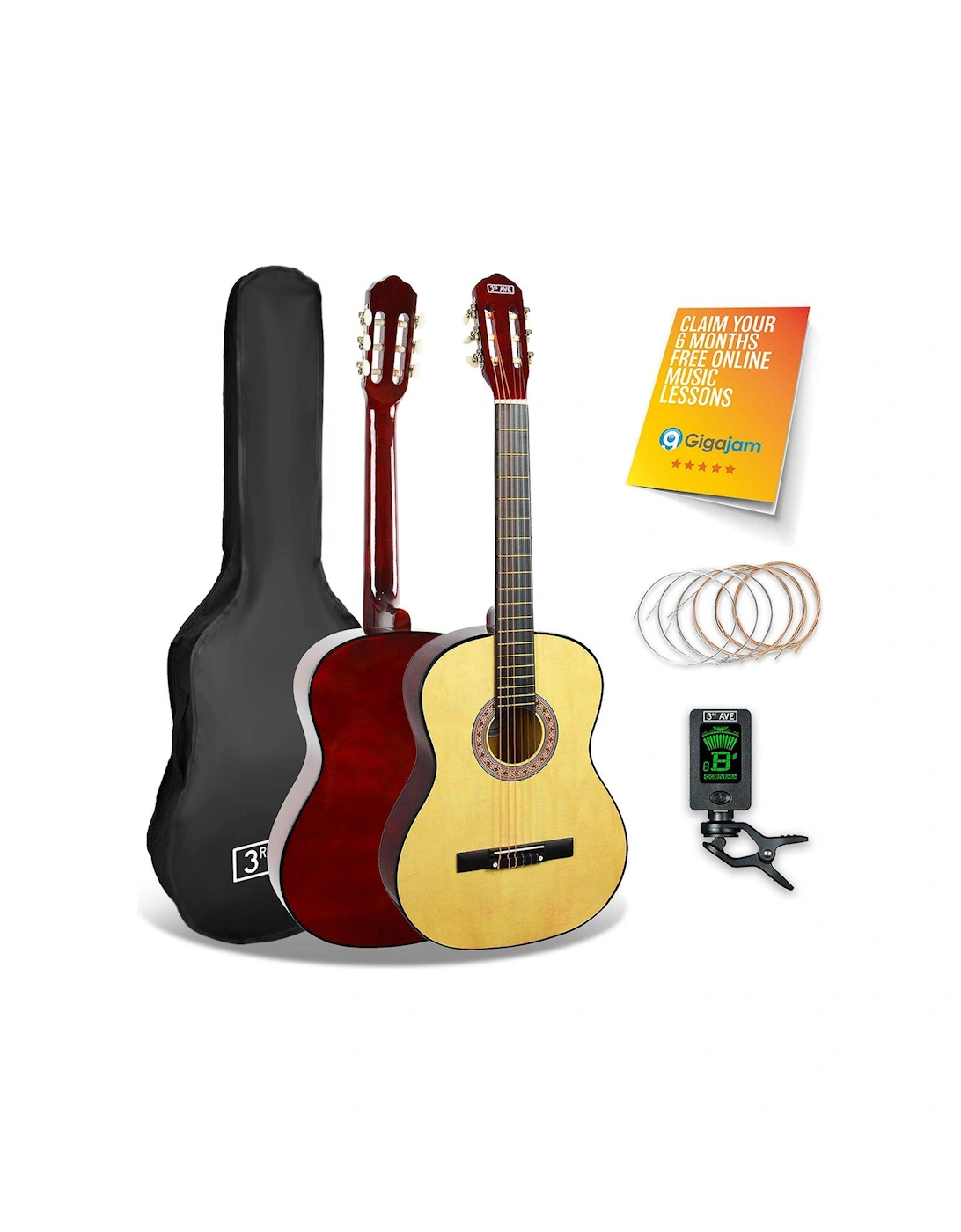 Full Size 4/4 Classical Guitar Beginner Bundle - 6 Months FREE Lessons - Natural, 2 of 1