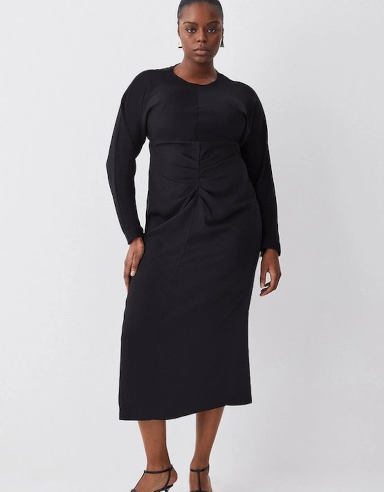 Plus Ruched Front Crepe Rounded Sleeve Midi Dress