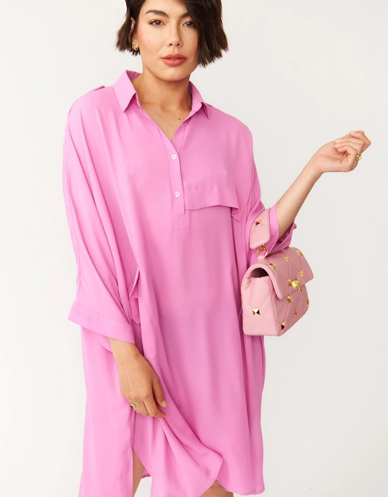 Oversized Pink Silk Blend Shirt Dress