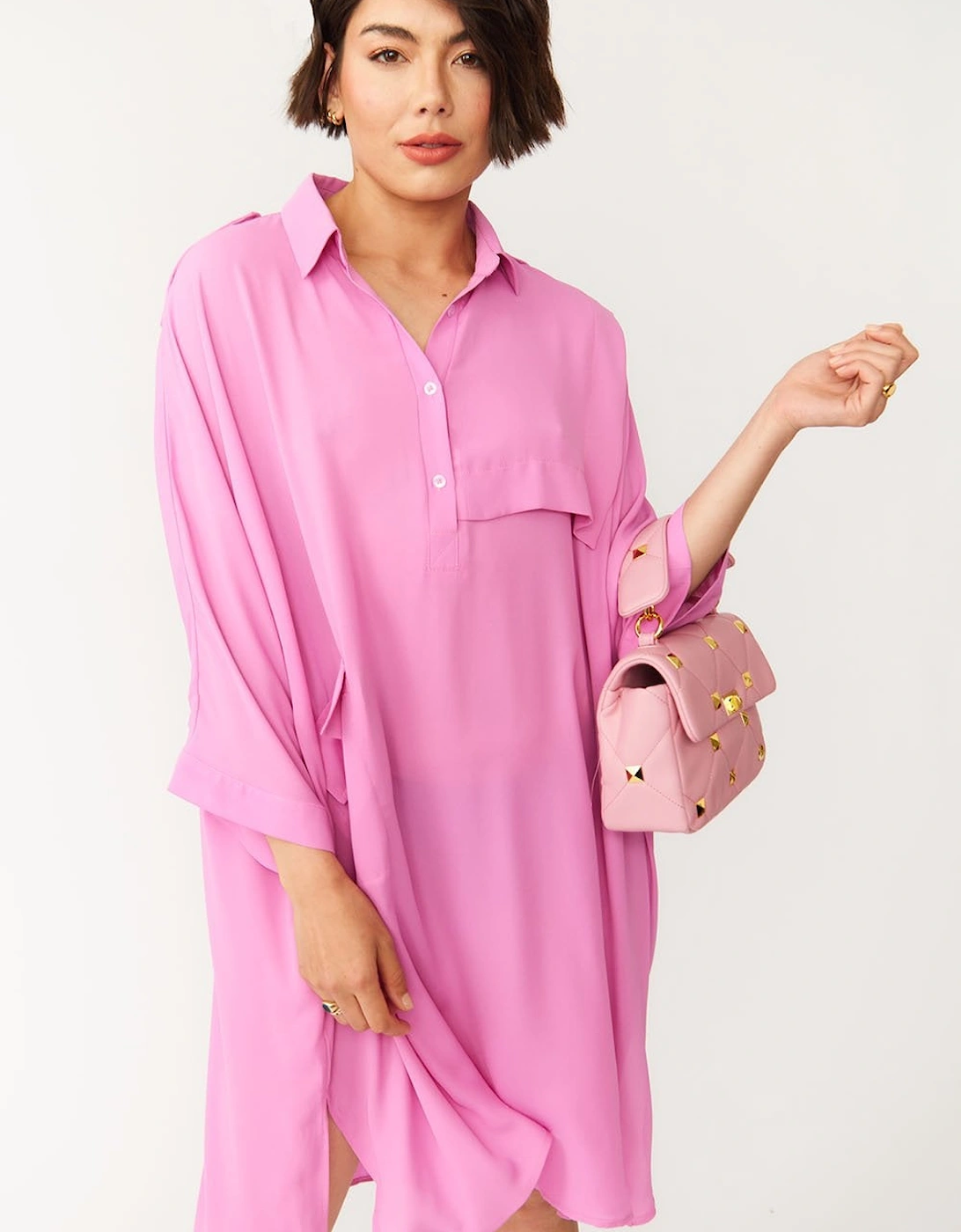 Oversized Pink Silk Blend Shirt Dress, 4 of 3