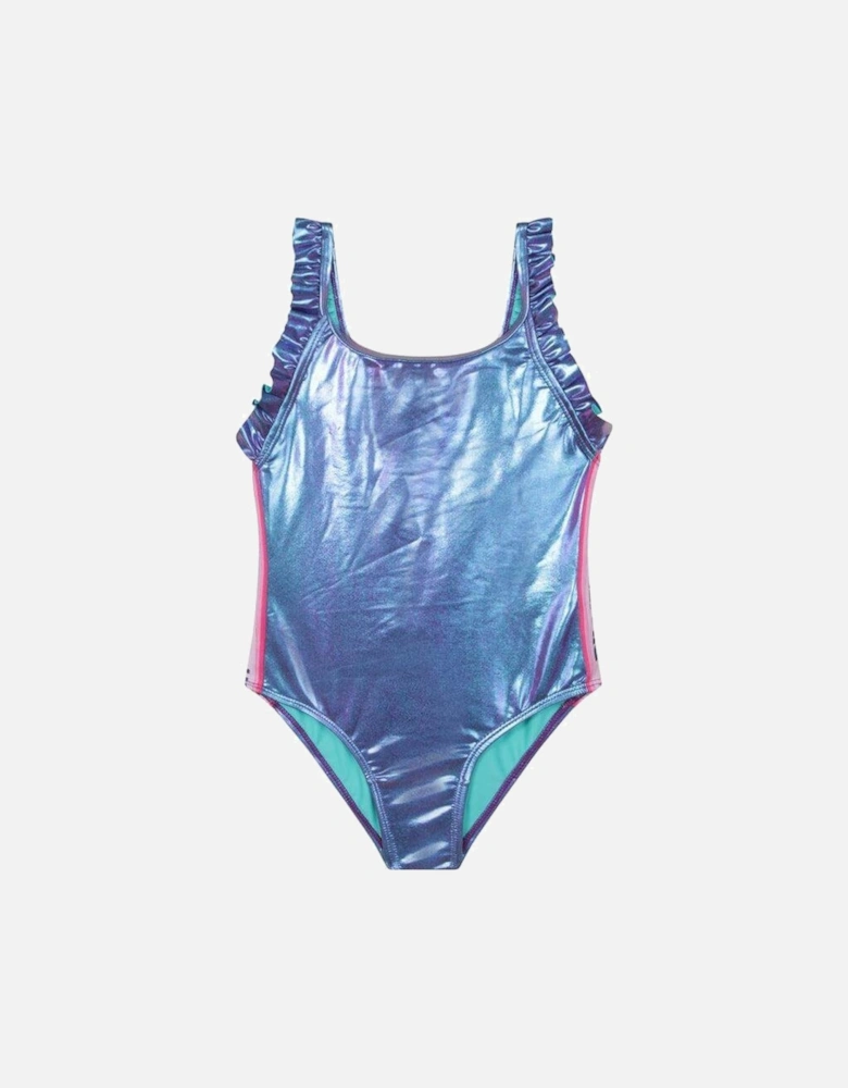 Girls Blue Metallic Swimming Costume