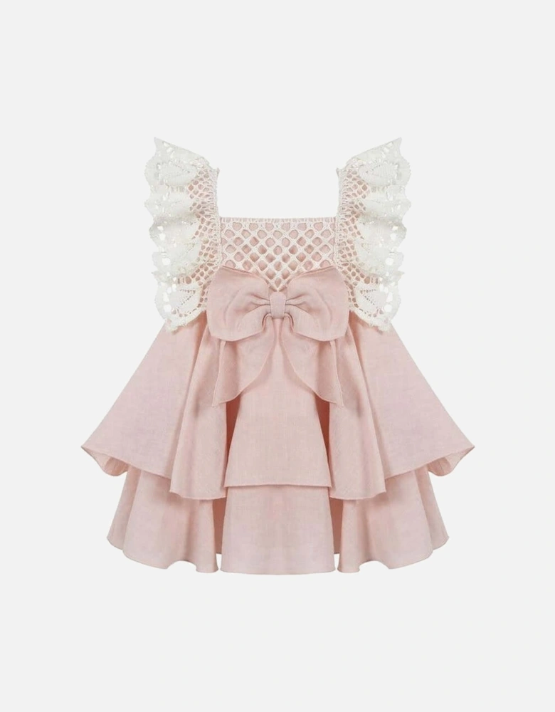Girls Pink Linen & Lace Bow Dress