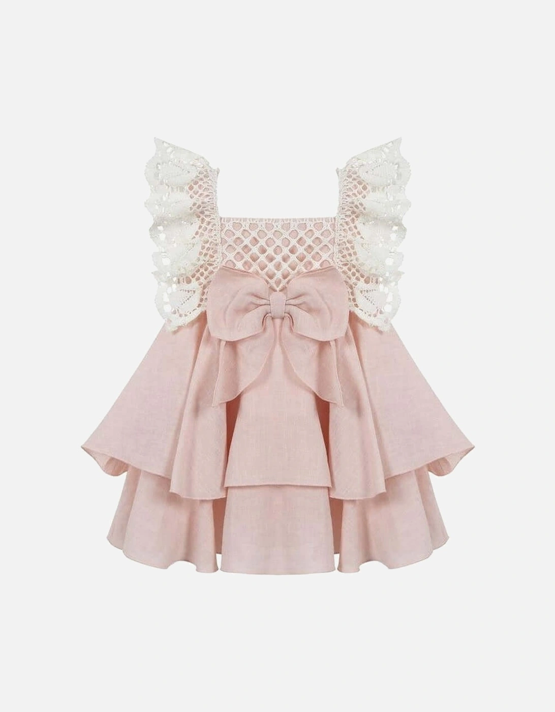 Girls Pink Linen & Lace Bow Dress, 3 of 2