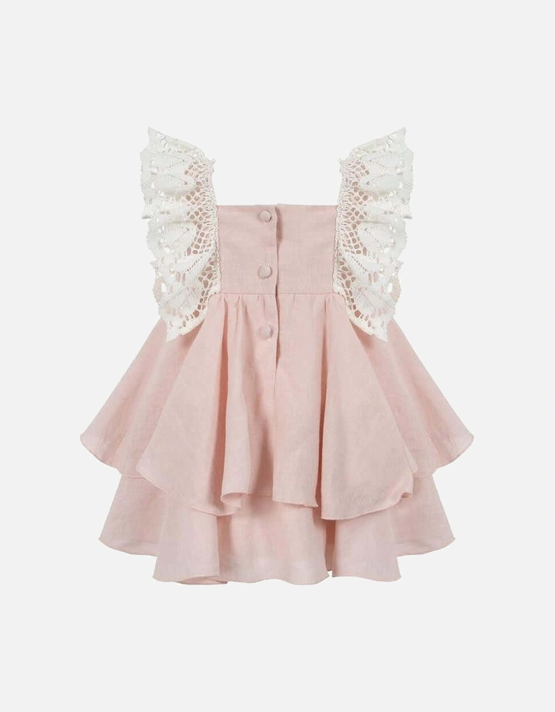 Girls Pink Linen & Lace Bow Dress