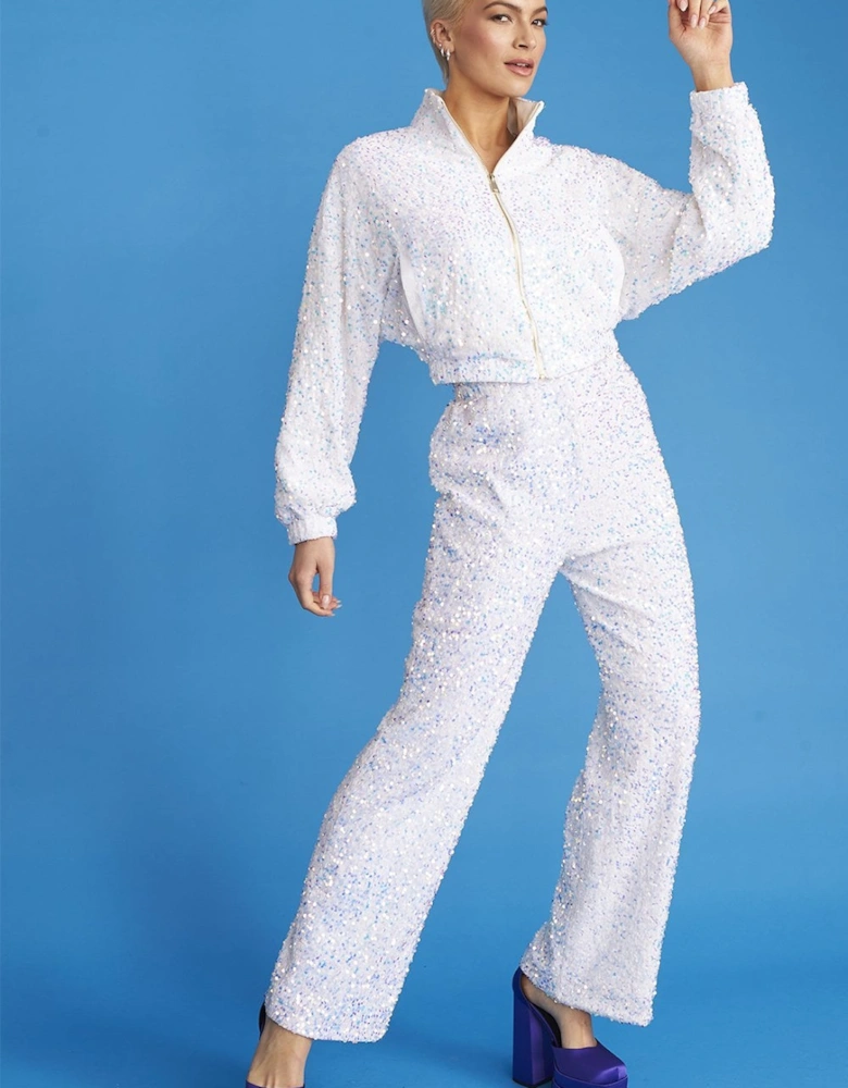 White Sequin Trousers with Elasticated Waste