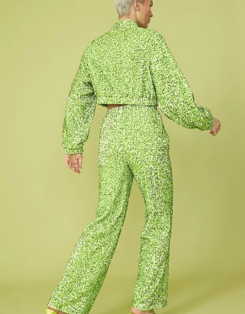 Green Sequin Trousers with Elasticated Waste