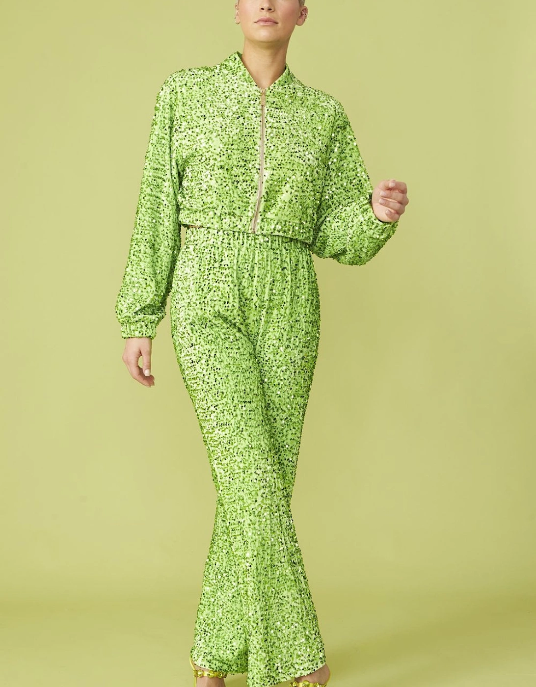 Green Sequin Trousers with Elasticated Waste