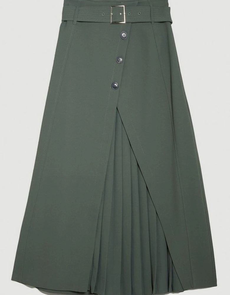 Belted Wrap Pleat Detail Midi Skirt