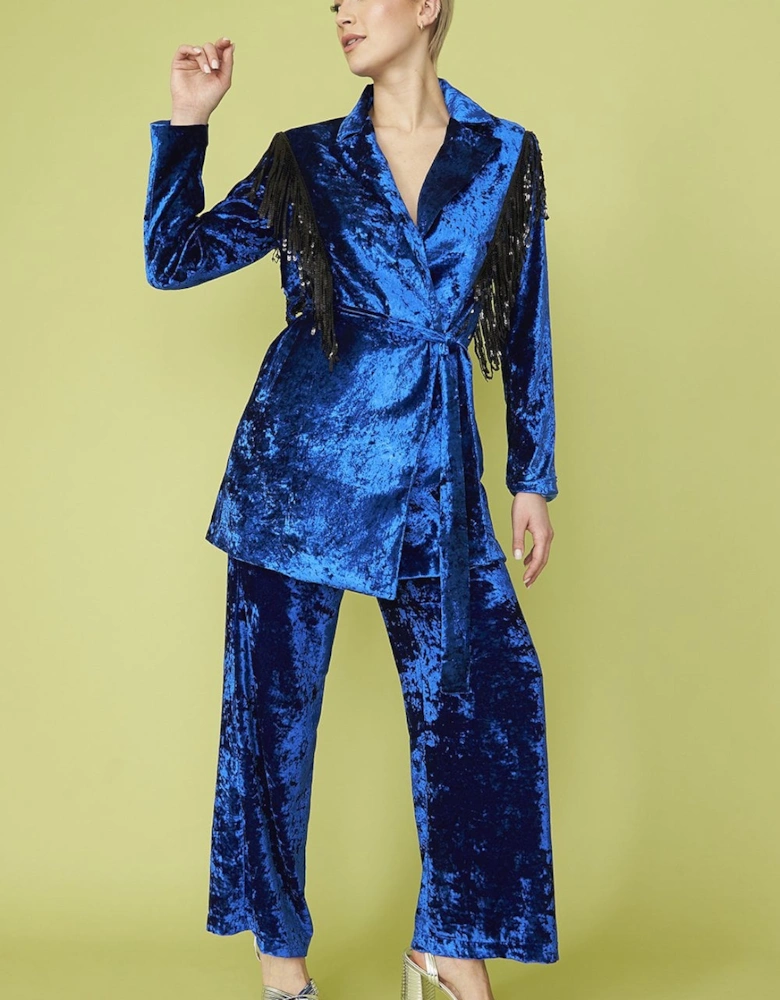 Blue Crushed Velvet Blazer dress with Sequin Tassels