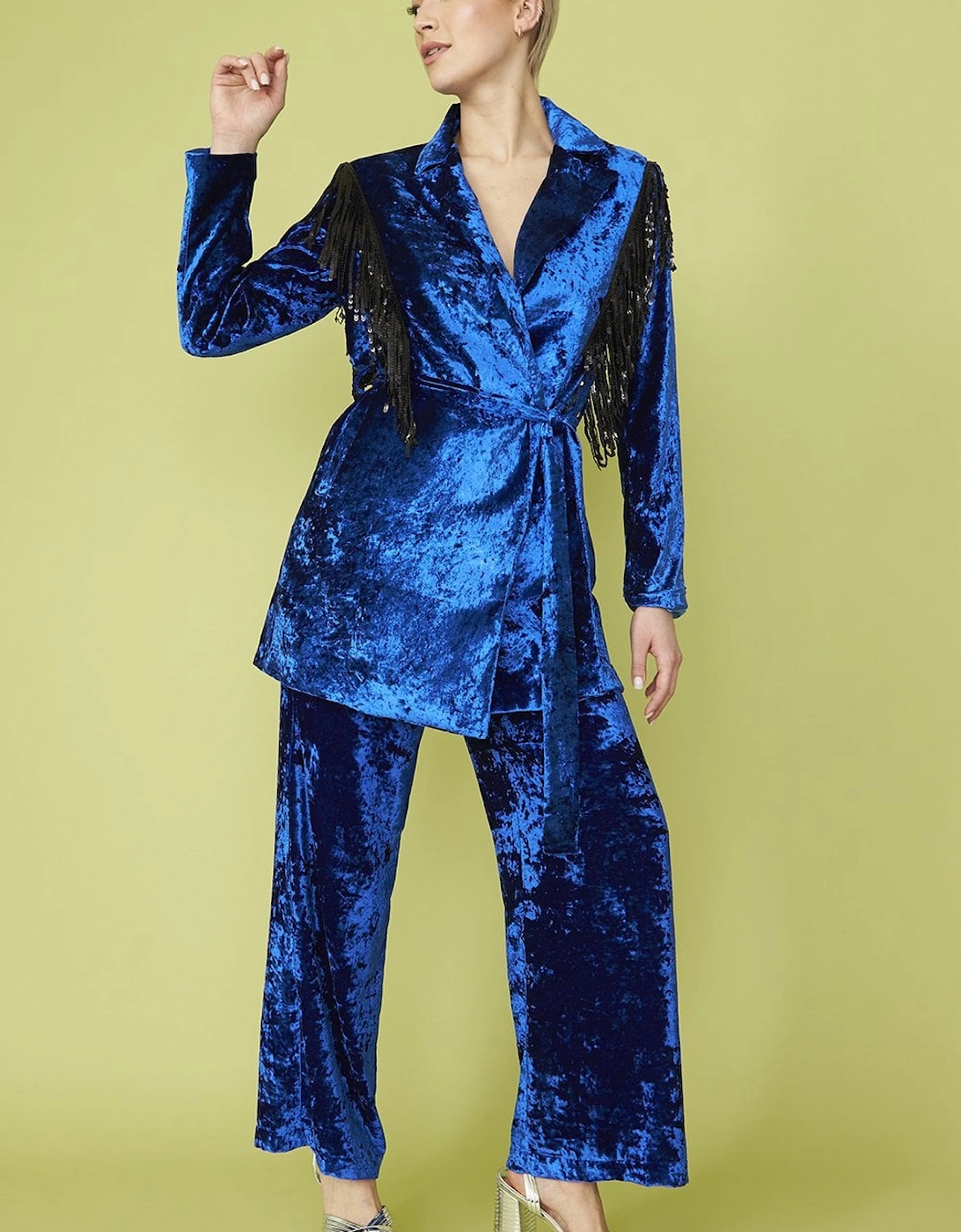 Blue Crushed Velvet Blazer dress with Sequin Tassels, 5 of 4