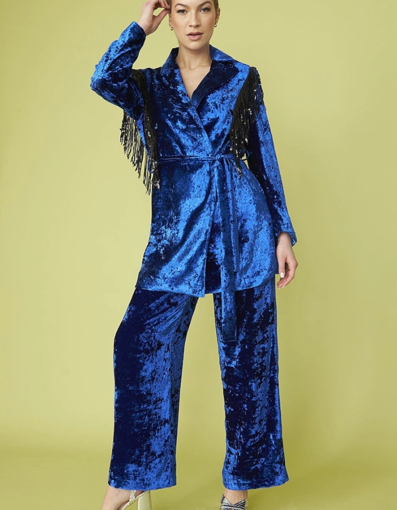 Blue Crushed Velvet Blazer dress with Sequin Tassels