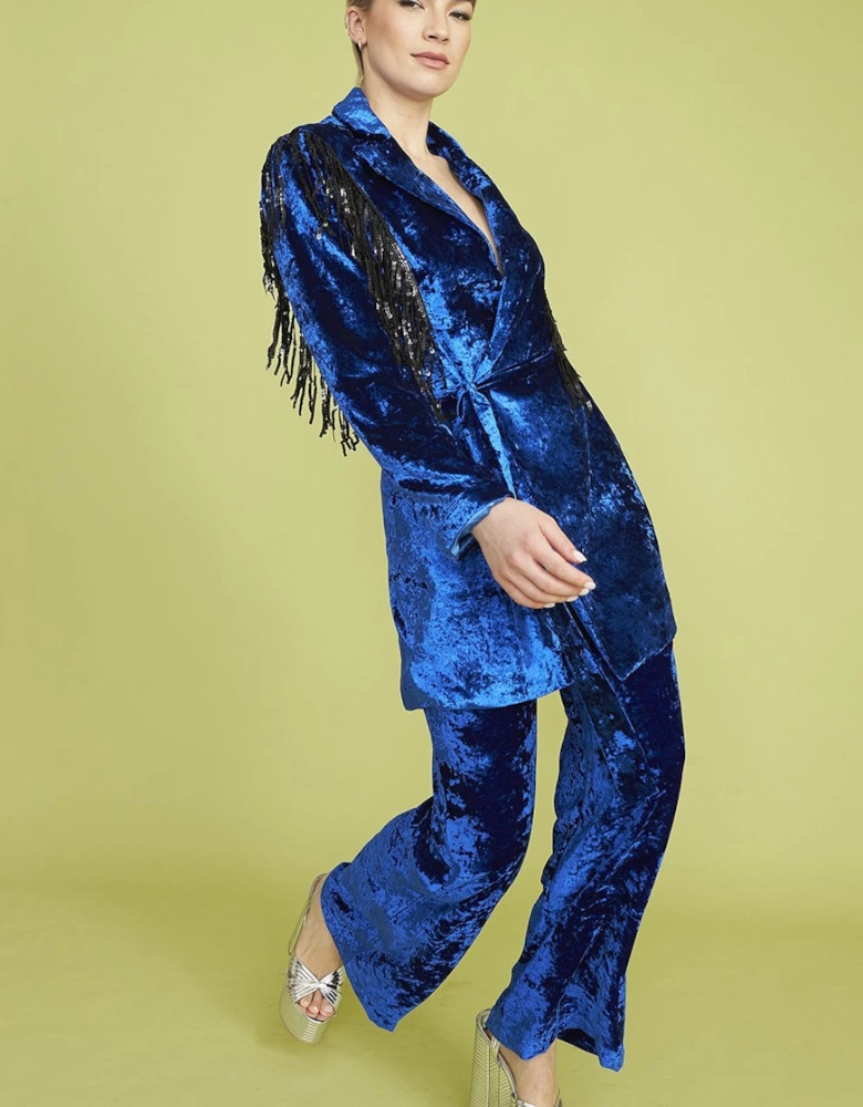 Blue Crushed Velvet Blazer dress with Sequin Tassels