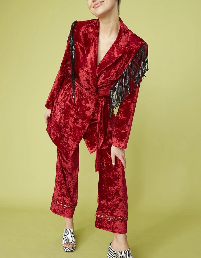Red Crushed Velvet Blazer dress with Sequin Tassels