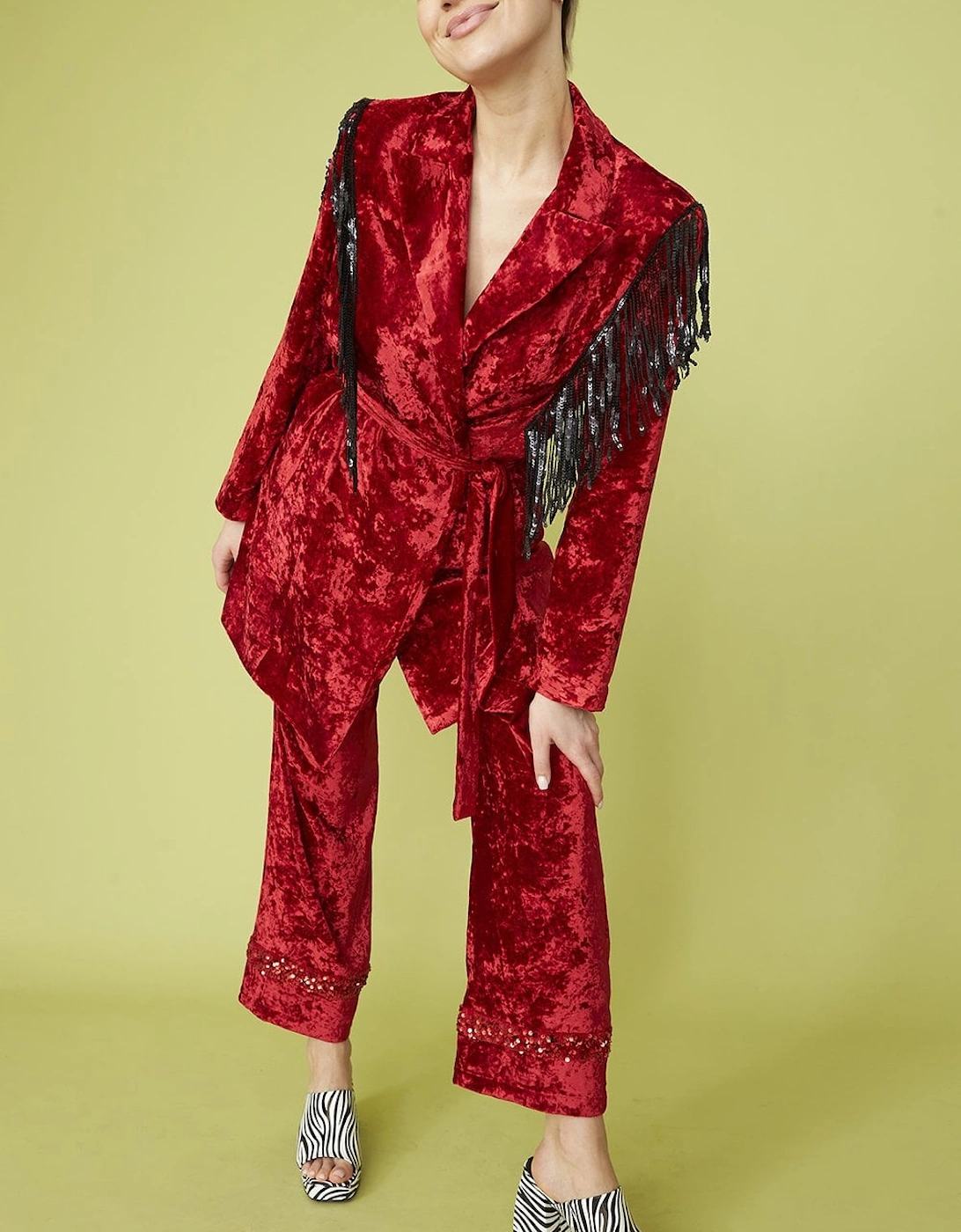 Red Crushed Velvet Blazer dress with Sequin Tassels