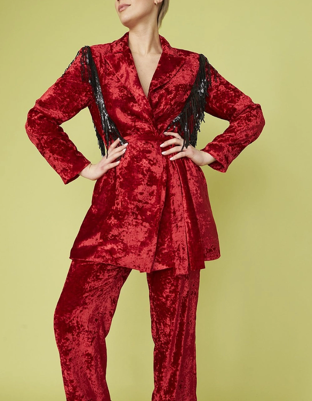 Red Crushed Velvet Blazer dress with Sequin Tassels, 5 of 4