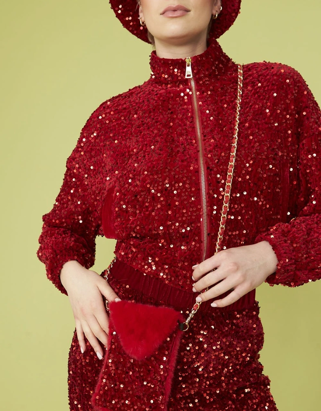 Red Sequin Cropped Biker Jacket