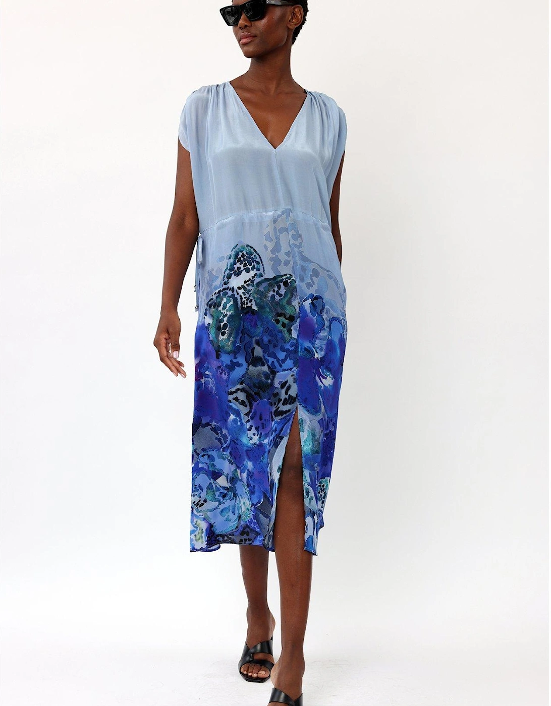 V Neck Midi Dress With Cinched Waist - Blue, 3 of 2