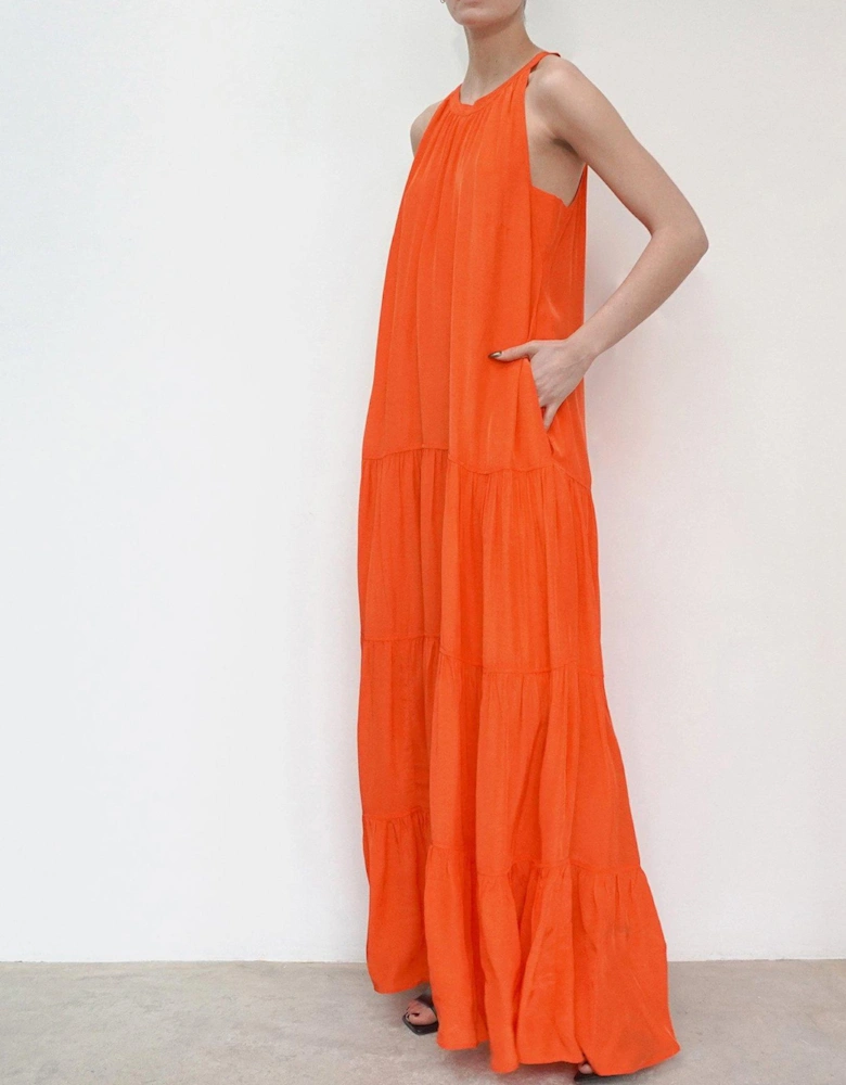 Tiered Halter Neck Maxi Dress - Orange