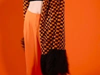 Faux Fur Orange and Black Check Coat with Faux Mongolian Trim