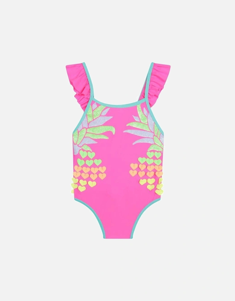 Girls Pink Ruffle Trim Swimming Costume