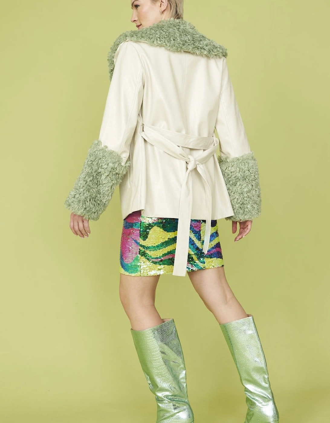 Faux Shearling Cuff and Collar Jacket with Belted Waist in Cream and Green
